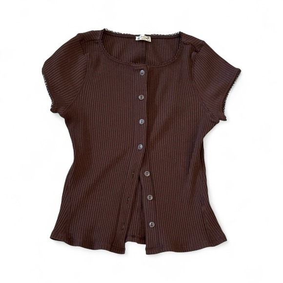 Free People Most Wanted Cardi In Chocolate Ribbed  Y2K 90s Baby Tee Cropped M - Picture 1 of 8